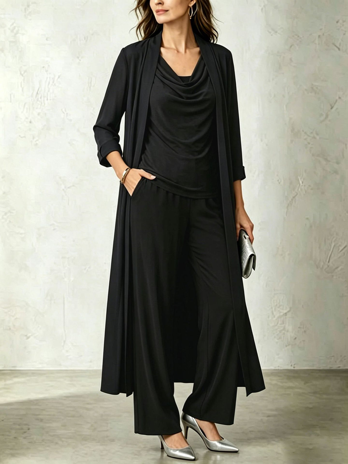 Cowl-Neck Duster Cardigan & Pants Set
