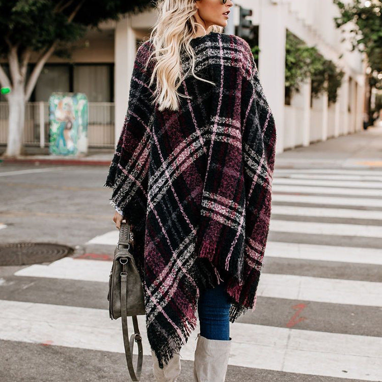 Fringed Plaid Cape Coat