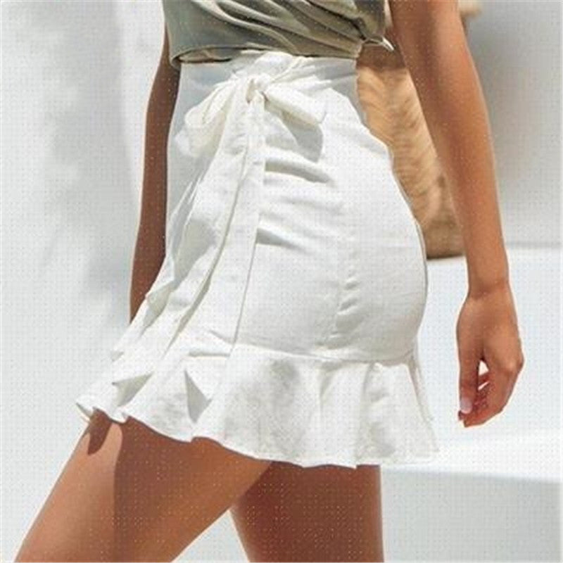 Wrap-Tie Ruffle-Hem Mini Skirt