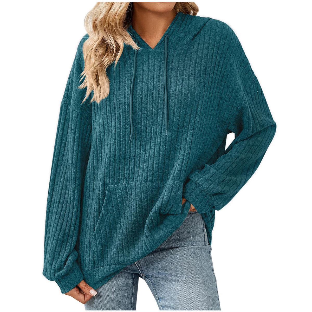 Ribbed Knit Hoodie with Pockets
