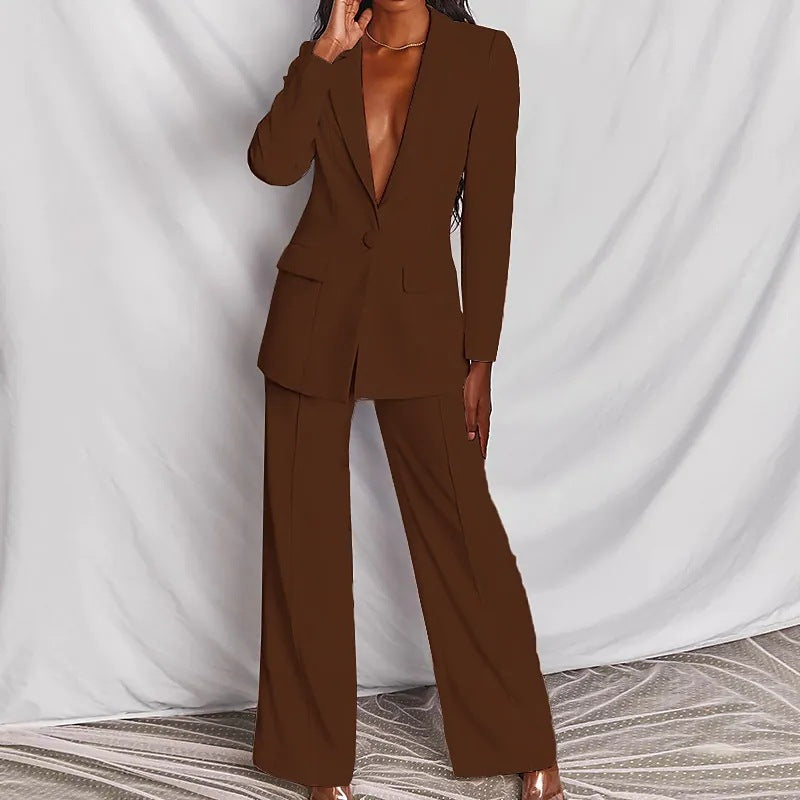 Single-Button Lapel Blazer & Trouser Suit Set