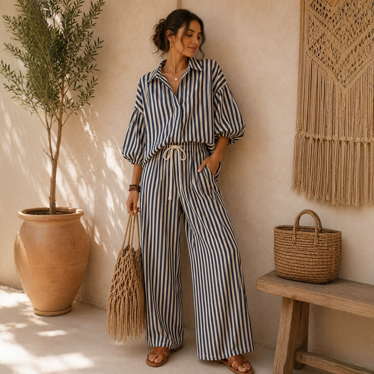 Striped Lantern-Sleeve Shirt Set