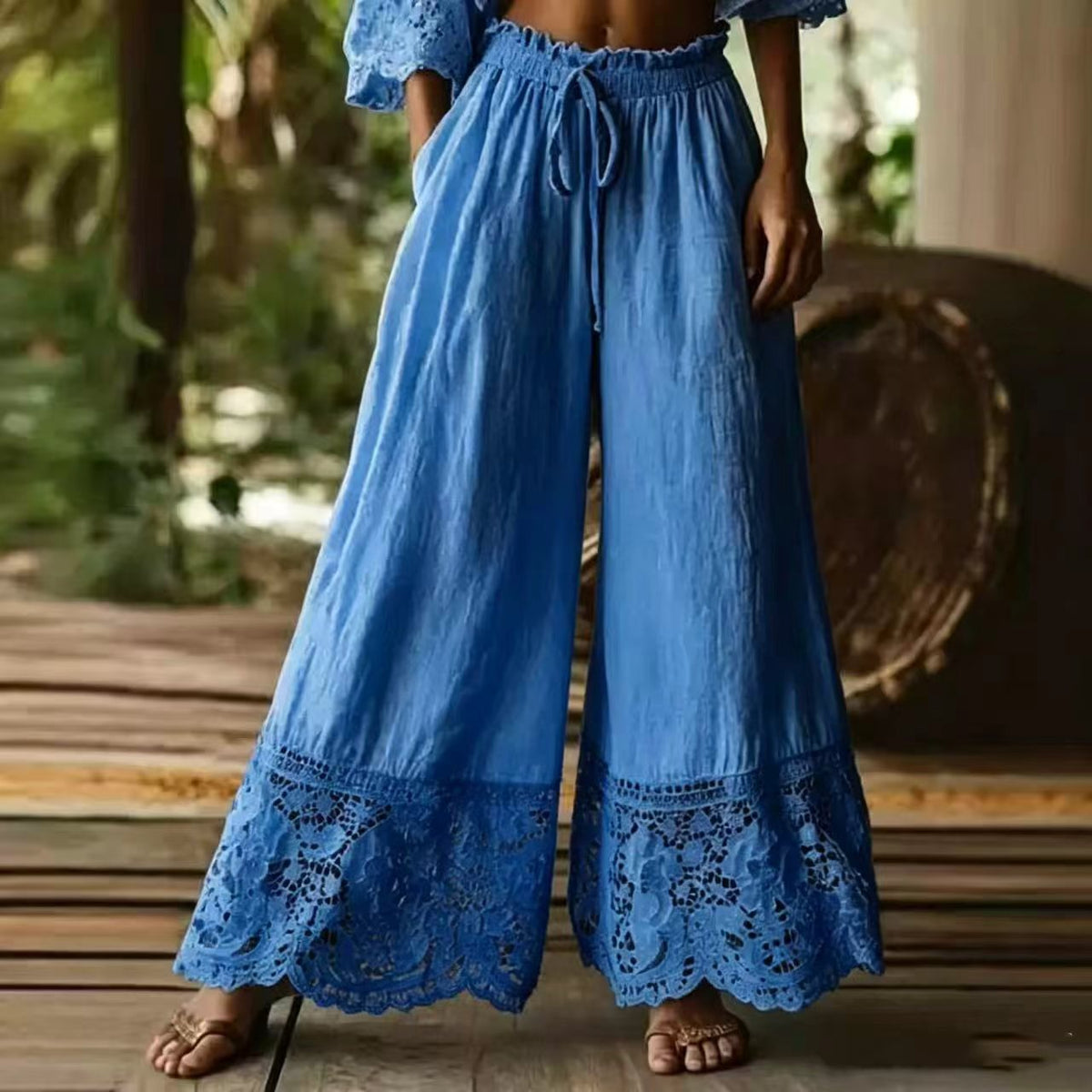 Lace-Trimmed Wide-Leg Linen Pants
