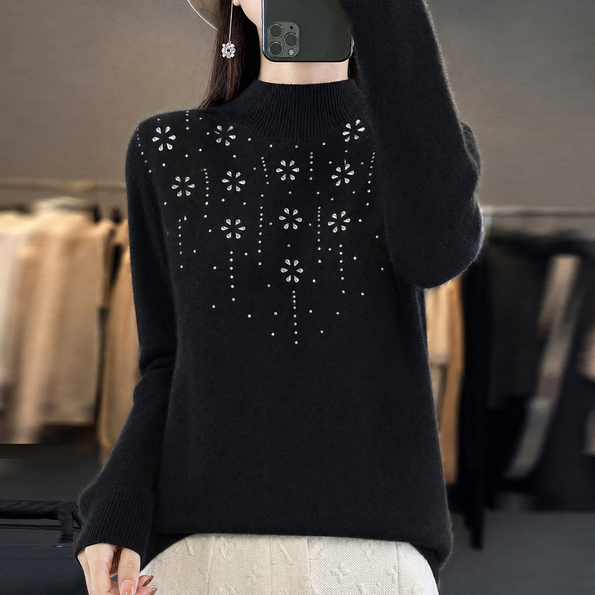 Mock-Neck Rhinestone Knit Top