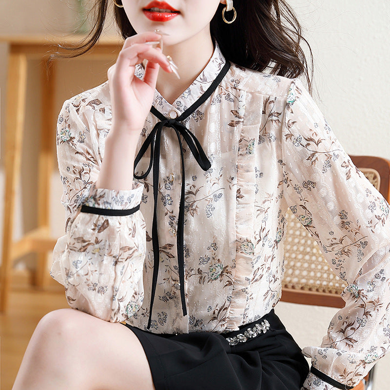 Étoile Bow-Tie Blouse - Floral Chiffon Tie-Neck Top