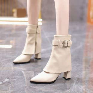 Pointed-Toe Chunky-Heel Mid-Calf Boots