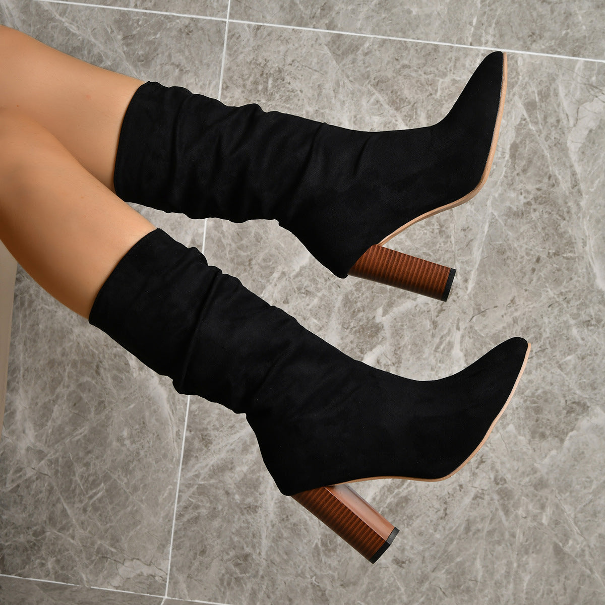 Pointed-Toe Suede Chunky-Heel Boots