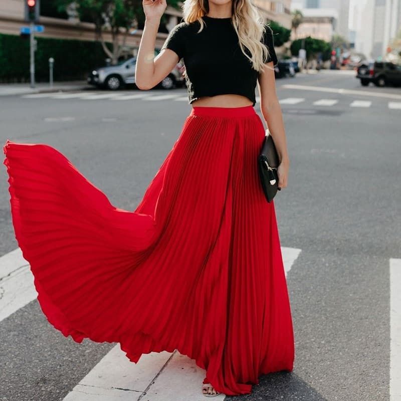 High-Waist Pleated Chiffon Maxi Skirt