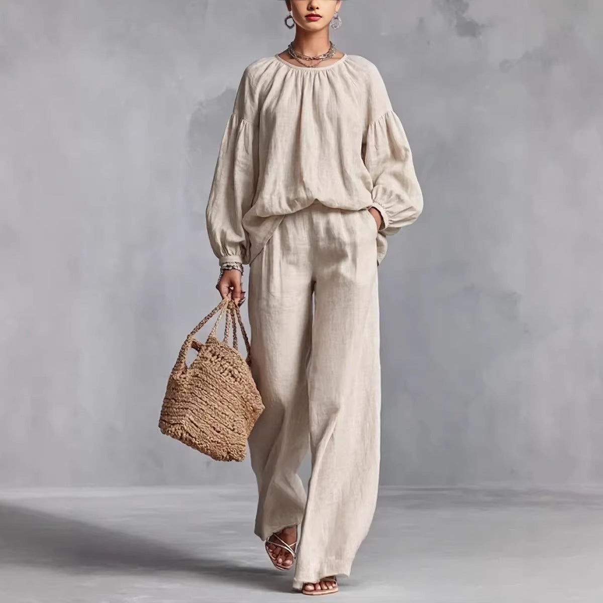 Lantern-Sleeve Wide-Leg Pants Set