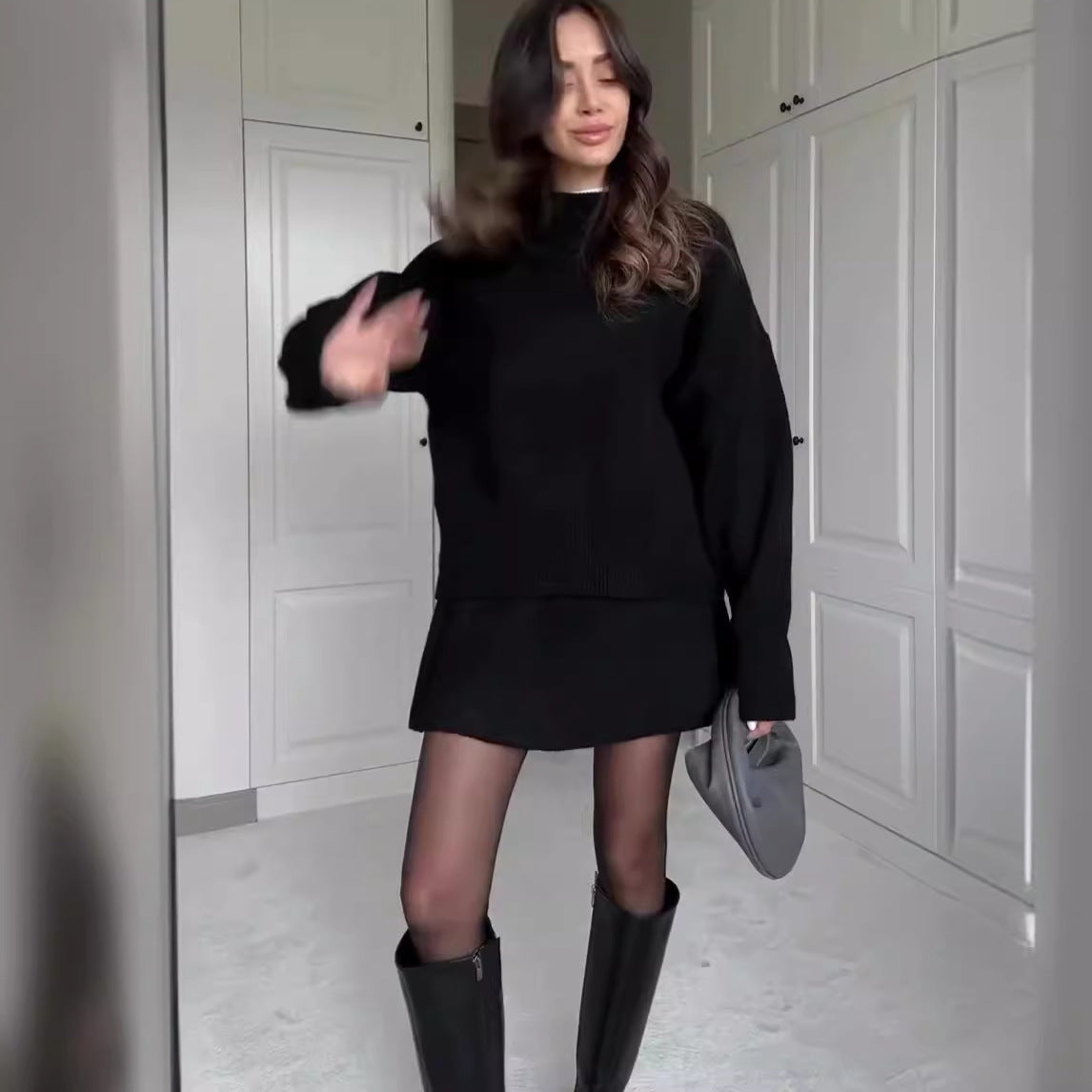 Chunky Knit Pullover & Mini Skirt Two-Piece Set