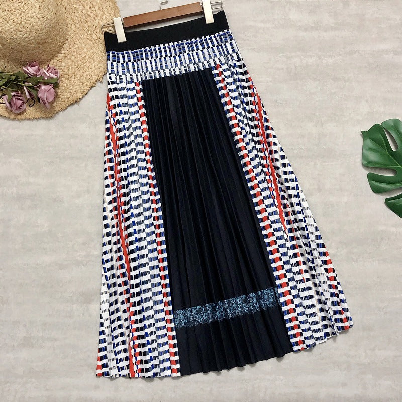 Colorblock Pleated Print Midi Skirt