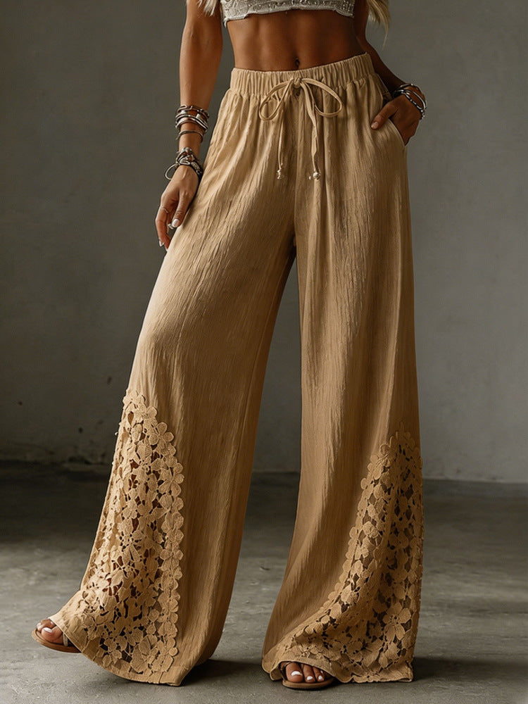 Lace-Trim Wide-Leg Drawstring Pants