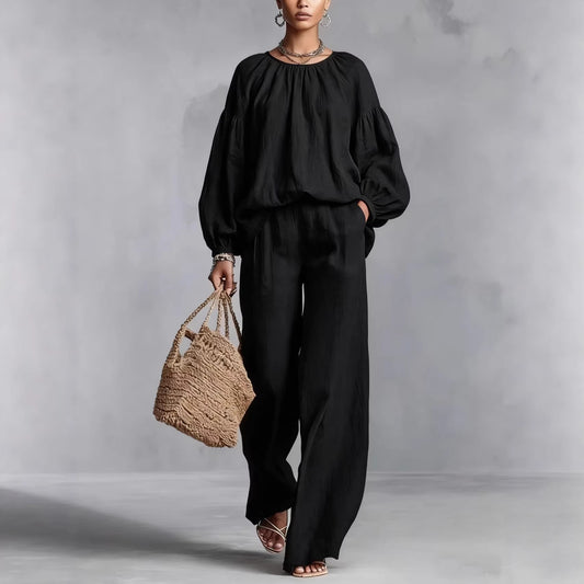 Lantern-Sleeve Wide-Leg Pants Set