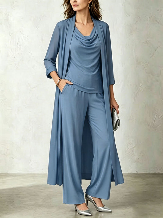 Cowl-Neck Duster Cardigan & Pants Set