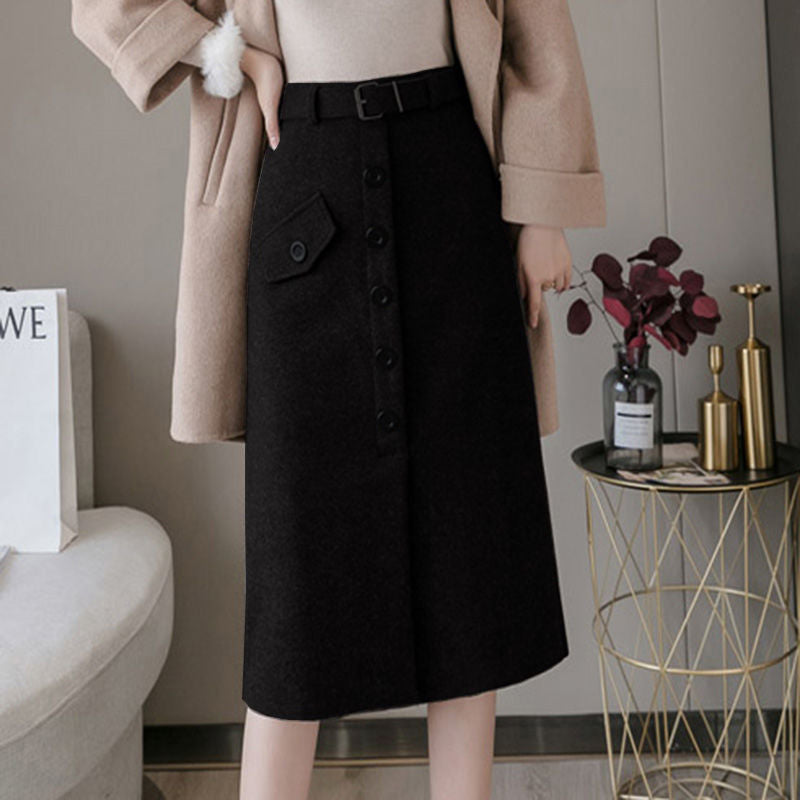 Belted Button-Front Wool Midi Skirt