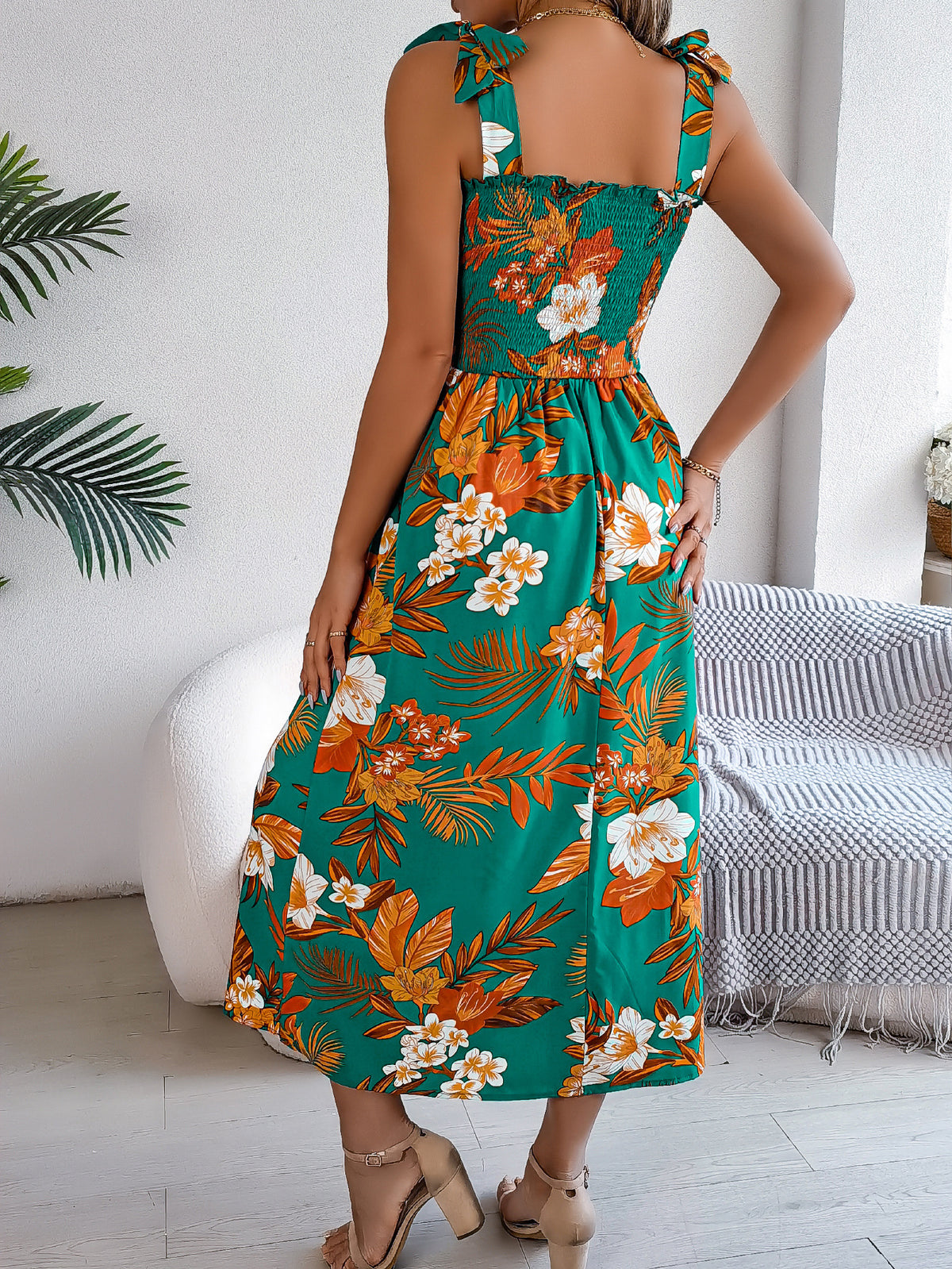 Floral Print Smocked Corset Maxi Dress