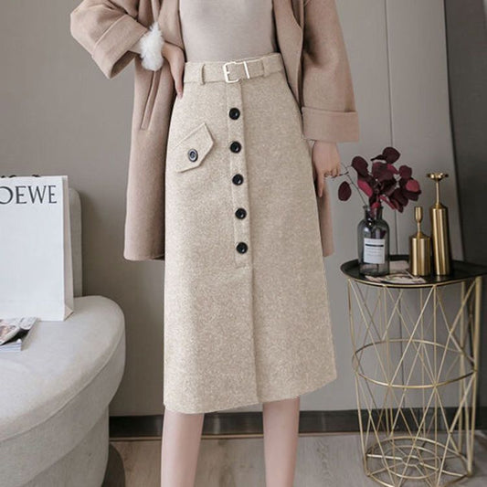 Belted Button-Front Wool Midi Skirt