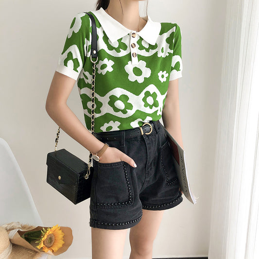 Printed Splice Short-Sleeve Knit Top