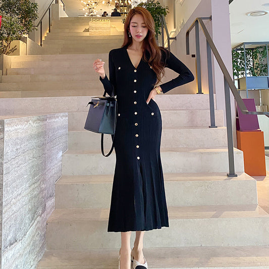 V-Neck Button-Front Fit-and-Flare Dress