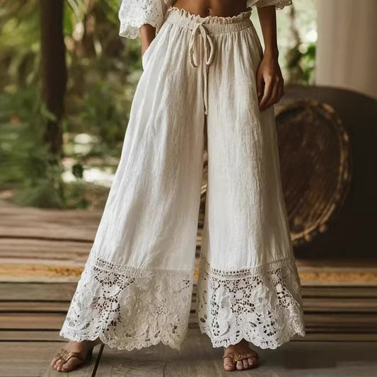 Lace-Trimmed Wide-Leg Linen Pants