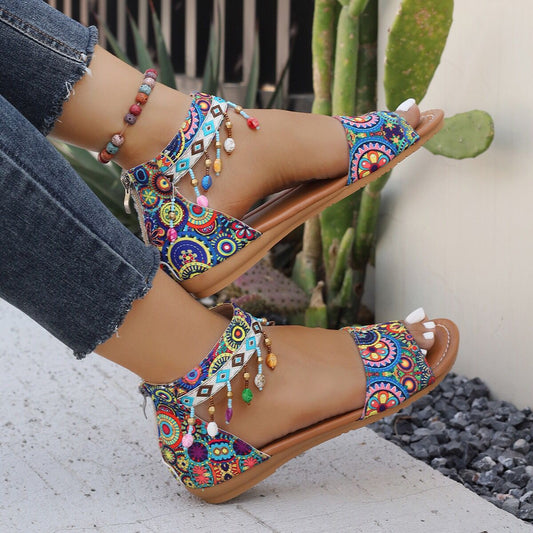 Printed Fabric Wedge Tassel Sandals