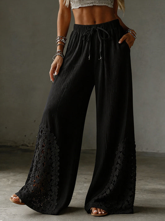 Lace-Trim Wide-Leg Drawstring Pants