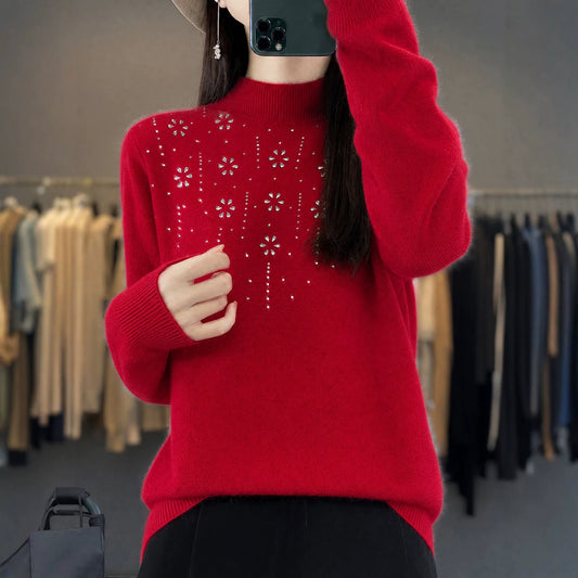 Mock-Neck Rhinestone Knit Top