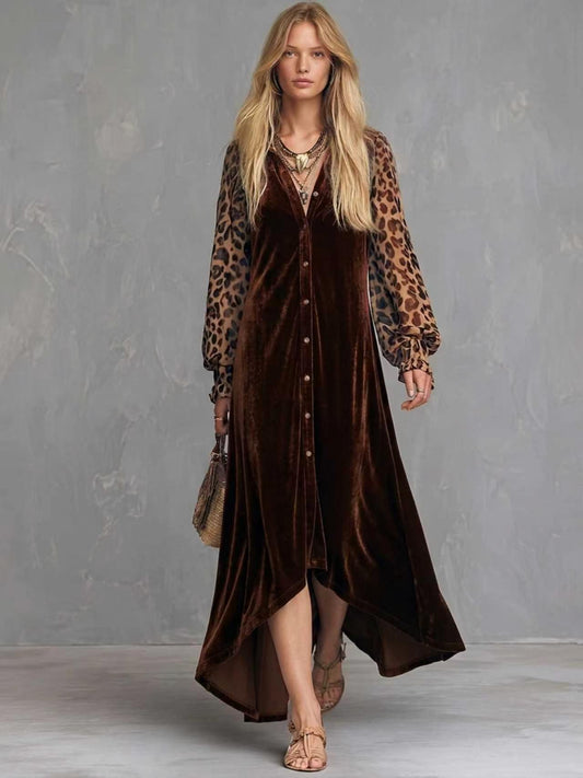 Velvet Leopard Patchwork Midi Dress