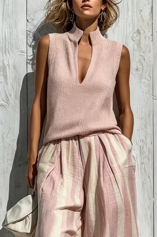 Stand-Collar Top & Striped Wide-Leg Pants Set