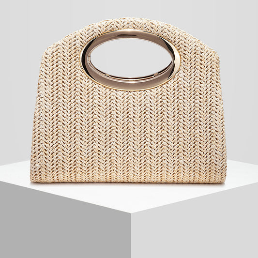 Striped Straw-Weave Evening Crossbody Bag