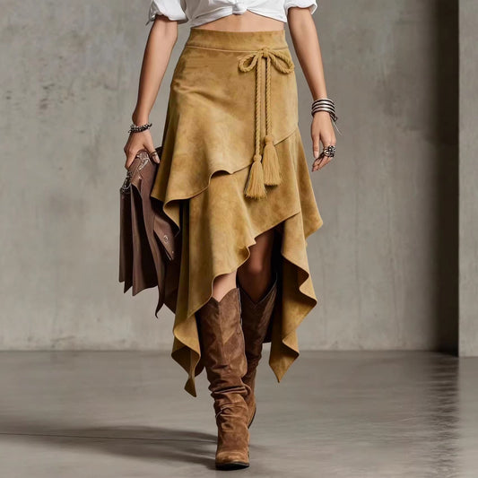 Suede Handkerchief-Hem Wrap Skirt
