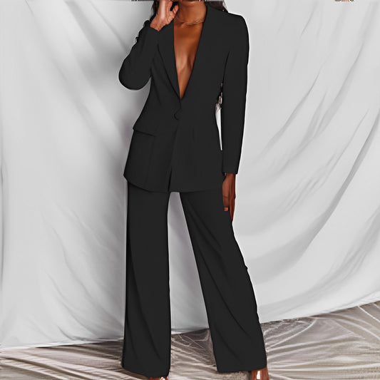 Single-Button Lapel Blazer & Trouser Suit Set