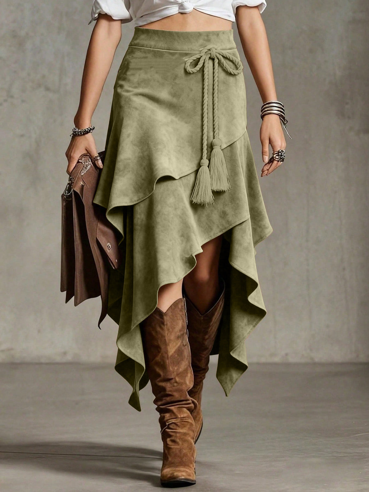 Suede Handkerchief-Hem Wrap Skirt