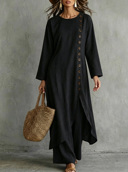 Button-Placket Asymmetric Hem Dress