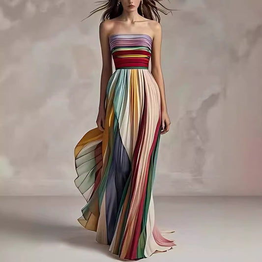 Striped Tube Pleated Maxi Dress
