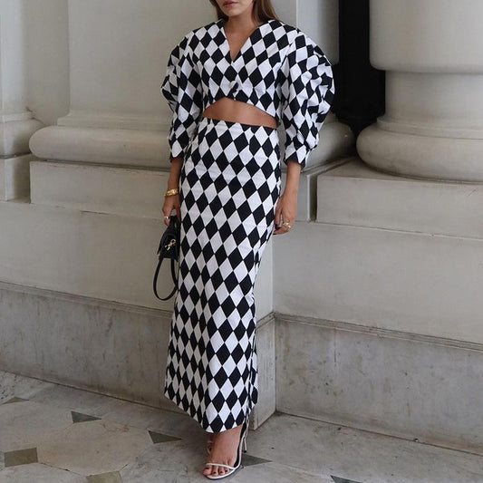 Diamond-Check Puff-Sleeve Crop Top & Mermaid Skirt Set