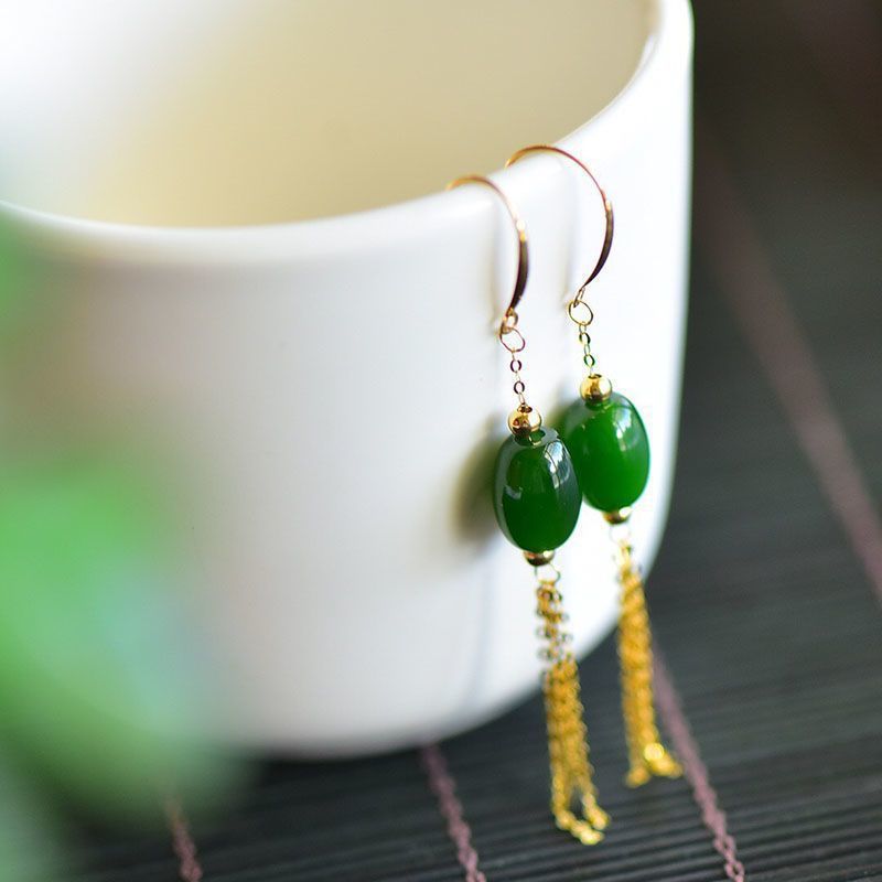 Oval Spinach Green Gold Earrings