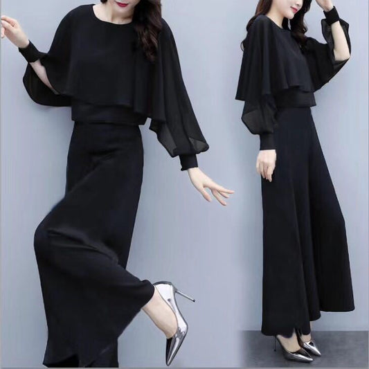 Cape-Sleeve Top & Wide-Leg Pants Set