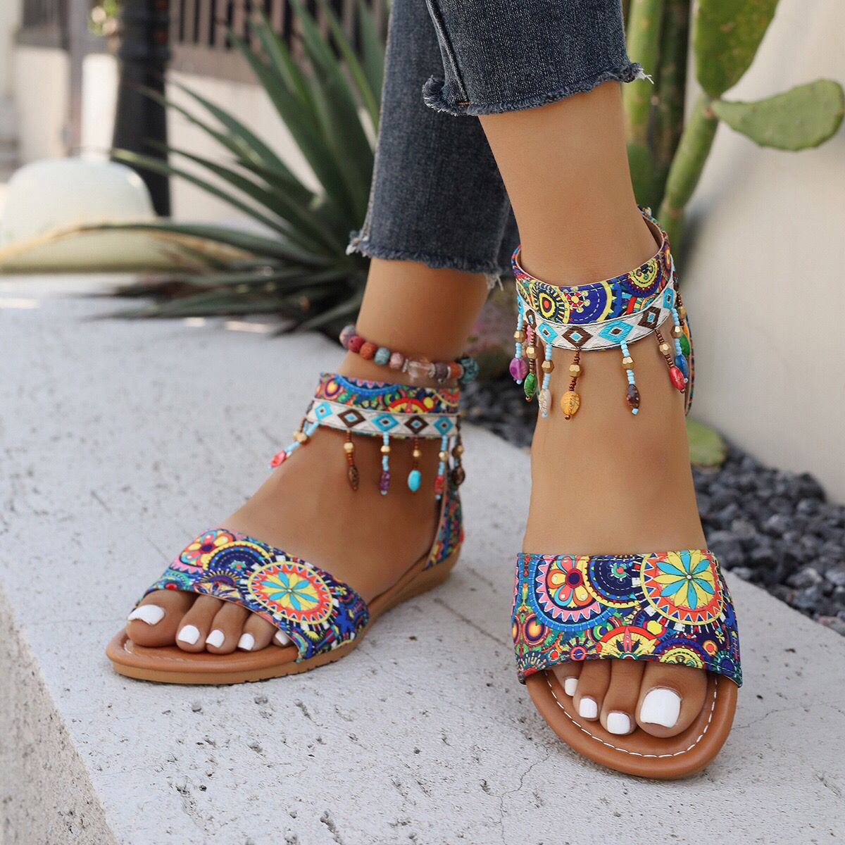 Printed Fabric Wedge Tassel Sandals