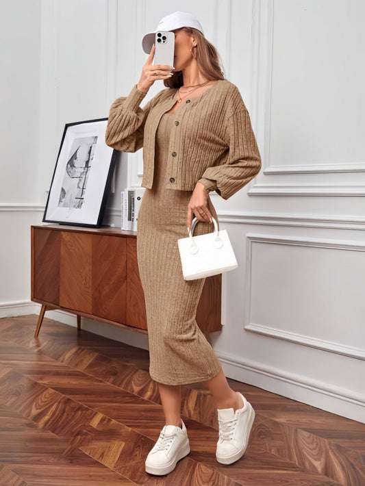 Ribbed Knit Cardigan & Midi Dress Set