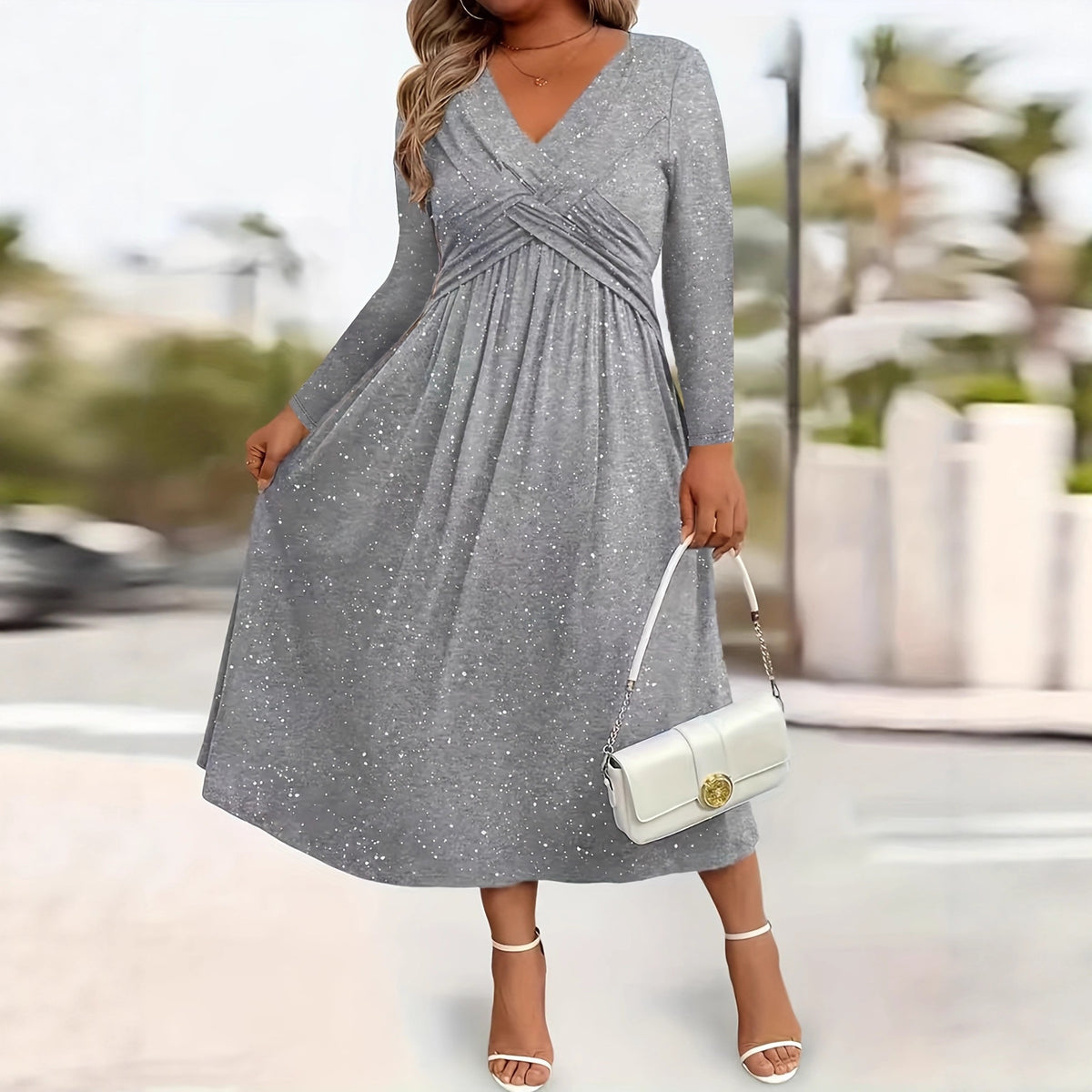 V-Neck Knotted-Waist Midi Dress