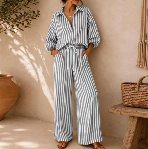 Striped Lantern-Sleeve Shirt Set