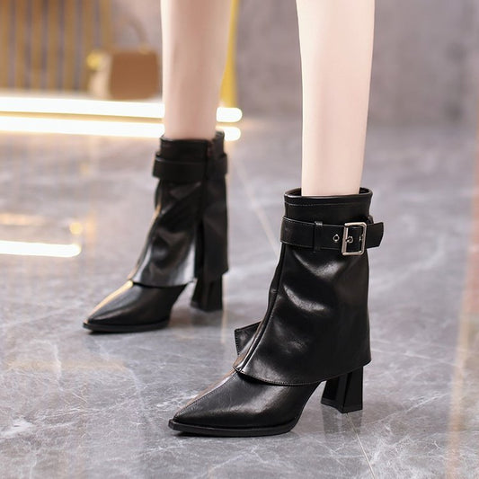 Pointed-Toe Chunky-Heel Mid-Calf Boots
