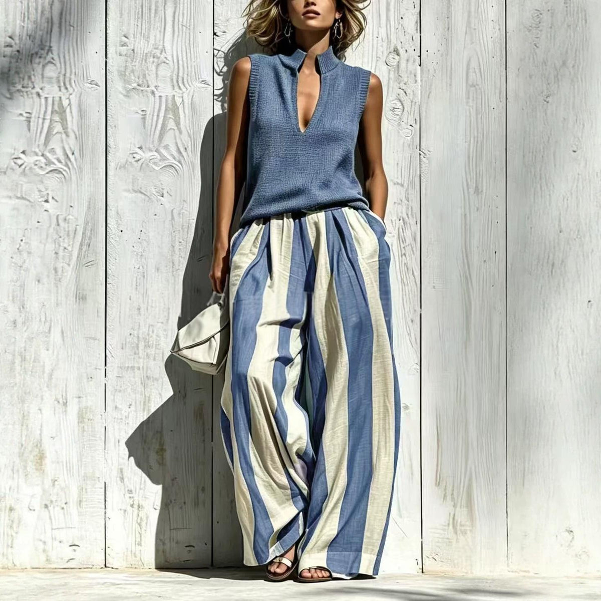 Stand-Collar Top & Striped Wide-Leg Pants Set