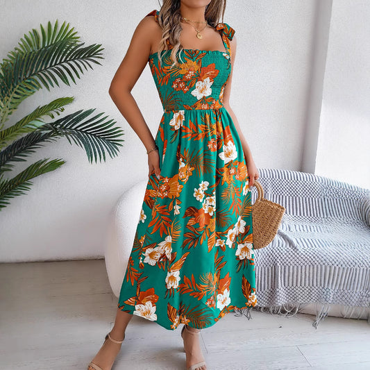 Floral Print Smocked Corset Maxi Dress