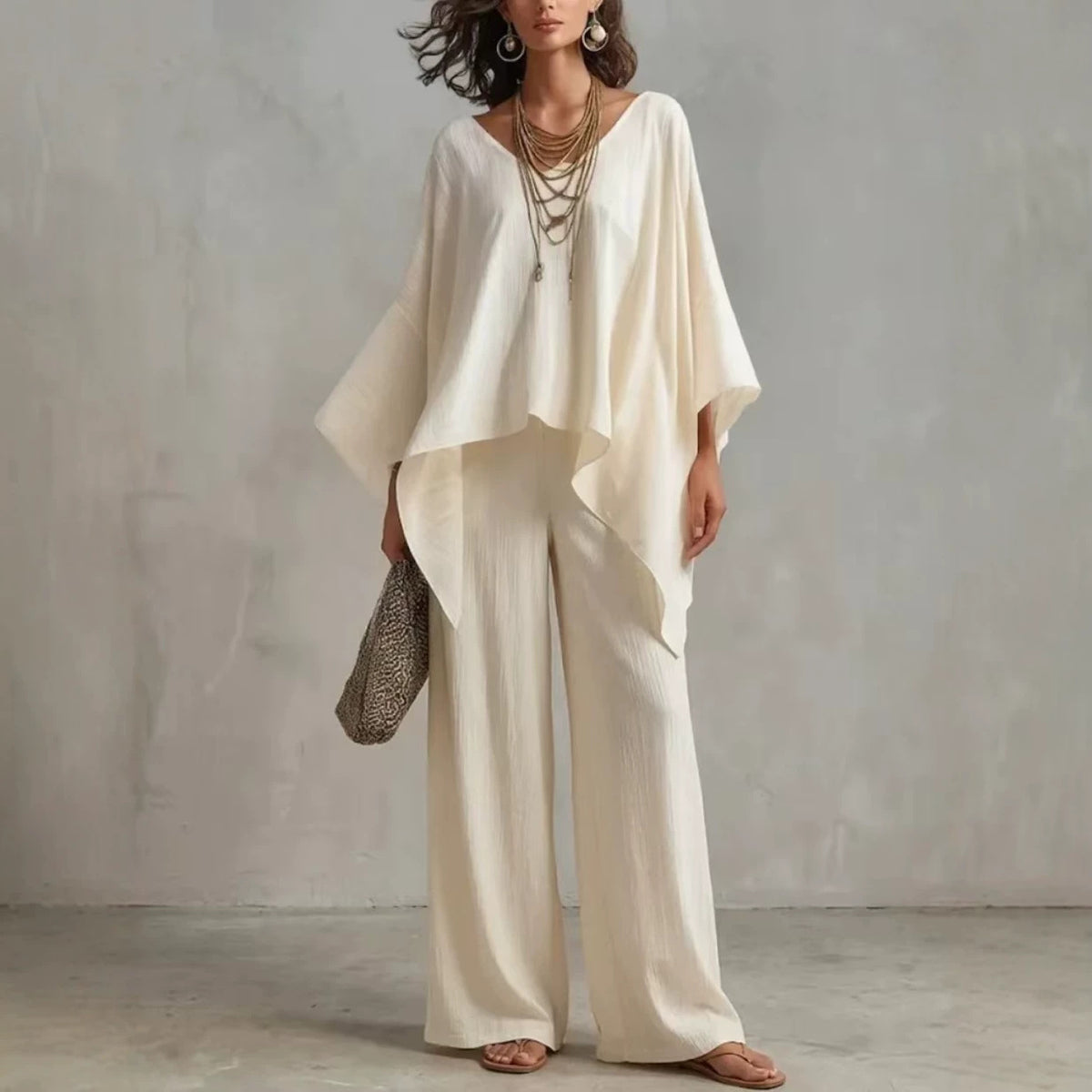 Asymmetric Batwing-Sleeve Top & Wide-Leg Pants Set